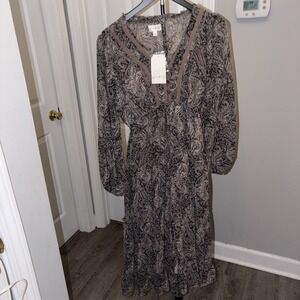 Wonderly Boho Paisley Tiered Midi Dress V-Neck Blouson Sleeve Sm Chic Flowy NWT